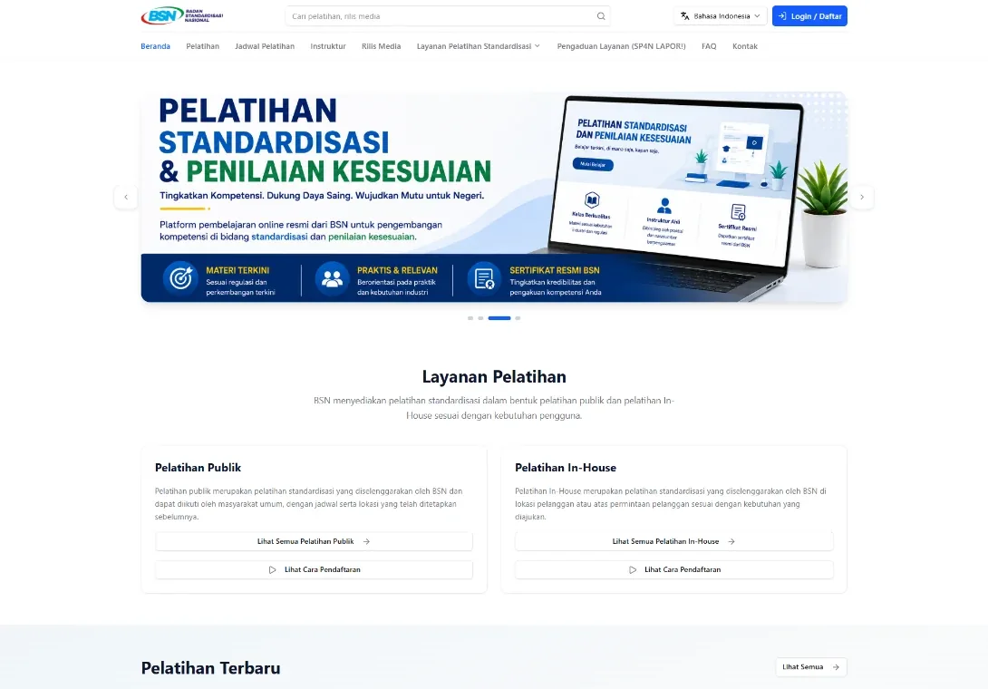 Tampilan website Pelatihan Standardisasi BSN