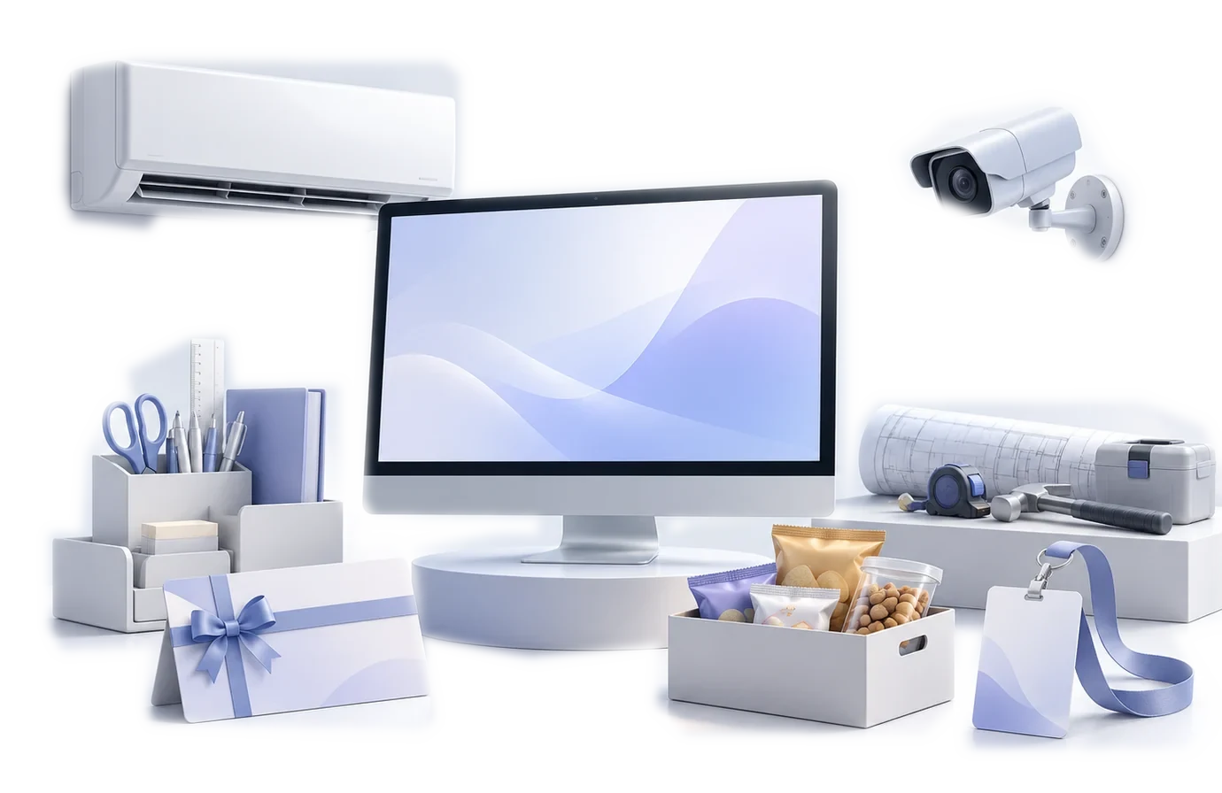 Ilustrasi berbagai kebutuhan pengadaan: AC, CCTV, monitor, ATK, renovasi, snack, voucher, dan event